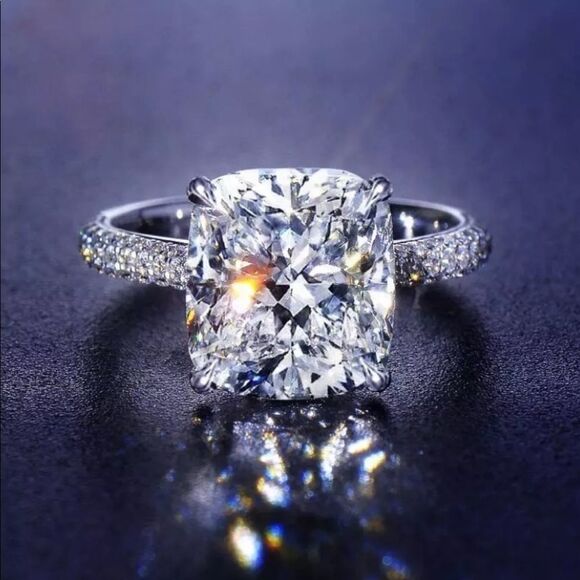 NEW! 18K White Gold Plated 5 Carat Cushion-Cut Solitaire Diamond Engagement Ring - Picture 8 of 9
